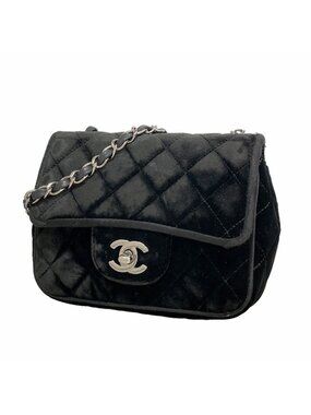 Chanel Shoulder Bag Mini Quilted Velour Black Silver